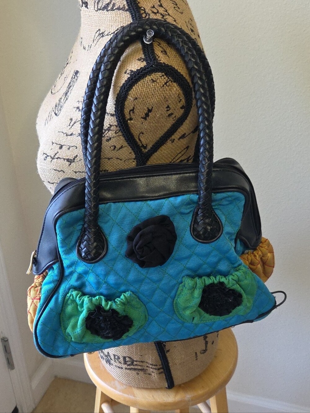ANGELA FRASCONE Quilted Blue & Green Decorative Satchel Braided Black Handles